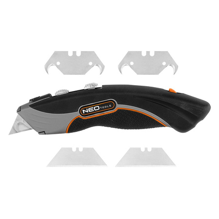 Nóż z ostrzem trapezowym i hakowym, metalowy korpus, 6 ostrzy, NeoTools